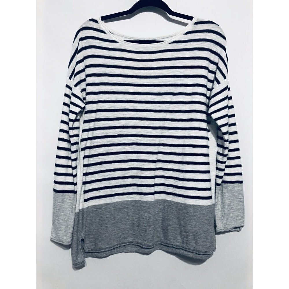 Vince Womens Medium Blue White Striped Gray Hem Pullover Sweater Cotton